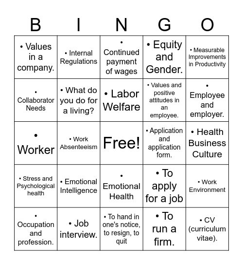 Unit # 1 - Vocabulary Bingo Card