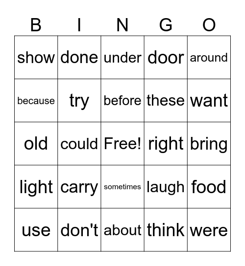 Secret Sight Word BINGO Card