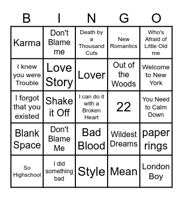 Taylor Swift Songs Bingo Card