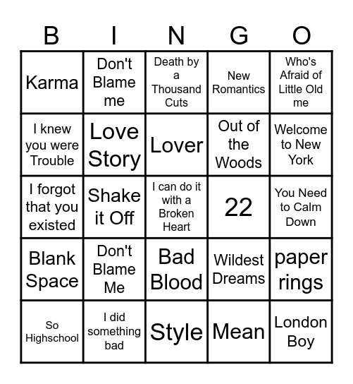 Taylor Swift Songs Bingo Card