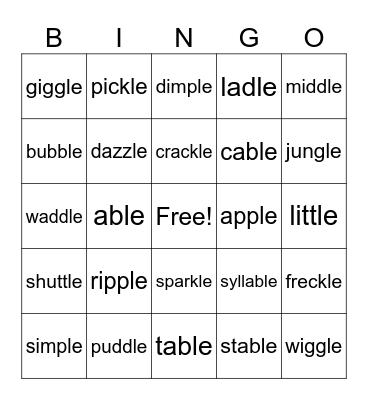 Final Stable Syllable Bingo Card