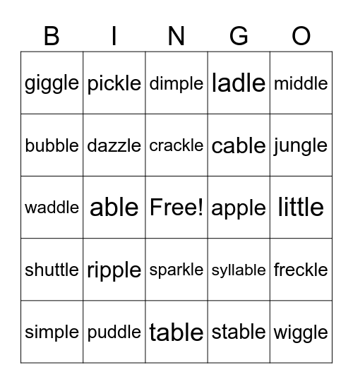 Final Stable Syllable Bingo Card