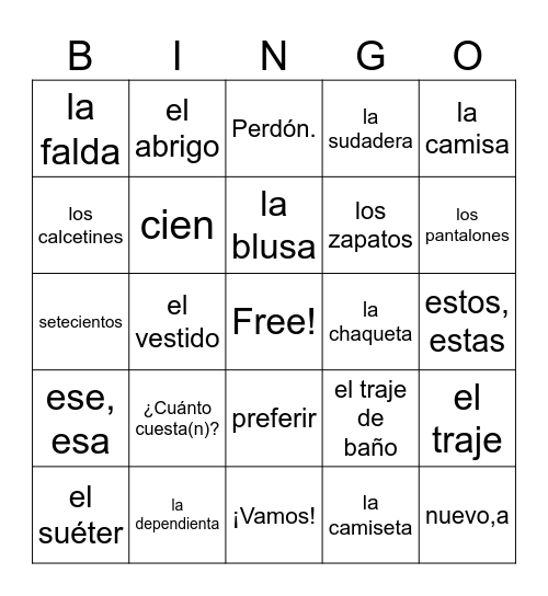 Realidades 1 7A Bingo Card