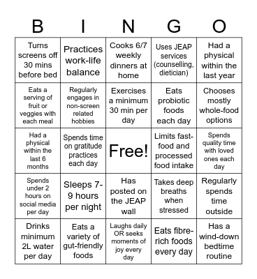 Health Habit Bingo Card