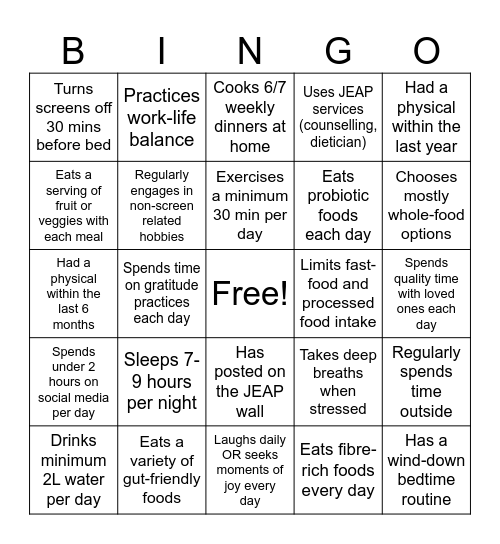 Health Habit Bingo Card