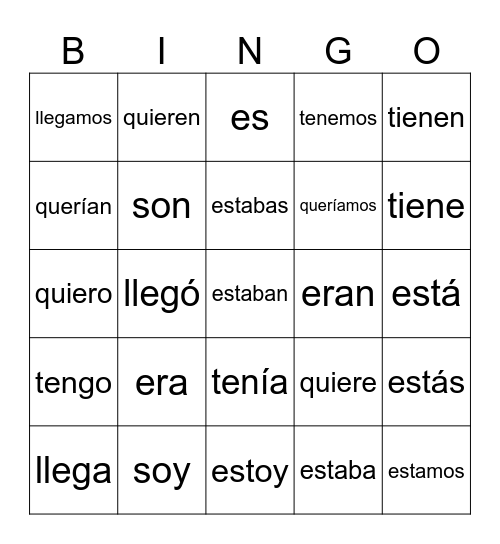 Verbos Bingo Card