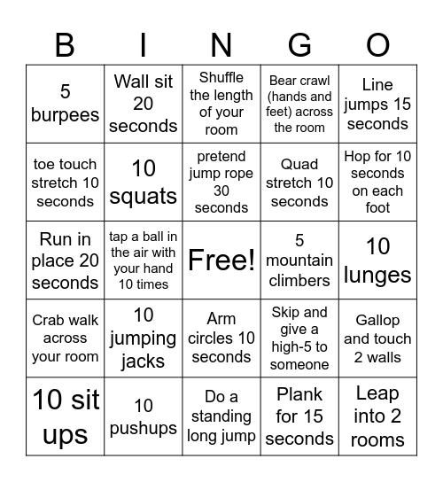 PE Bingo Card