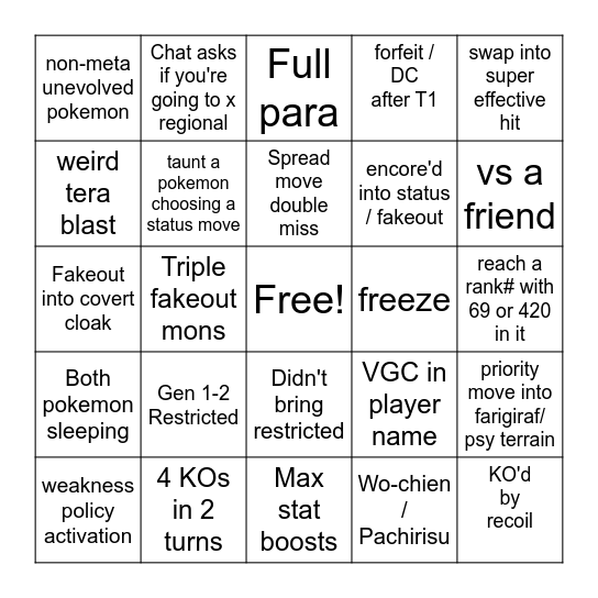 VGC Ladder Stream Bingo Card