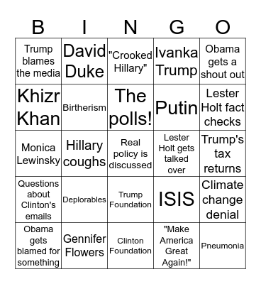 Clinton/Trump Debate Bingo Card