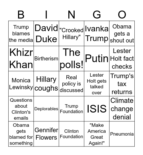 Clinton/Trump Debate Bingo Card