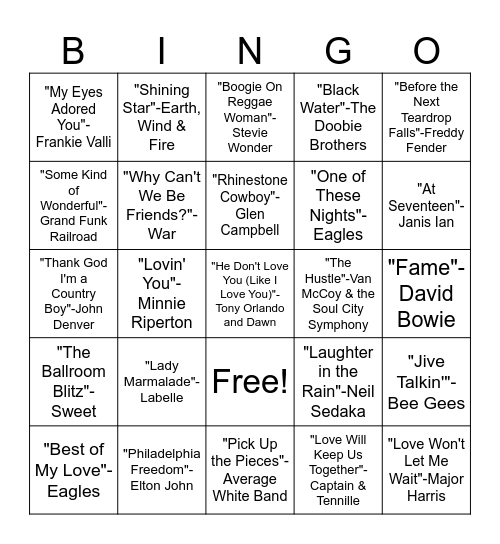 The Swingin 70s Bingo Card