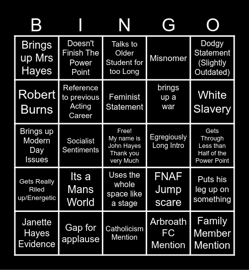 John Hayes Bingo Card