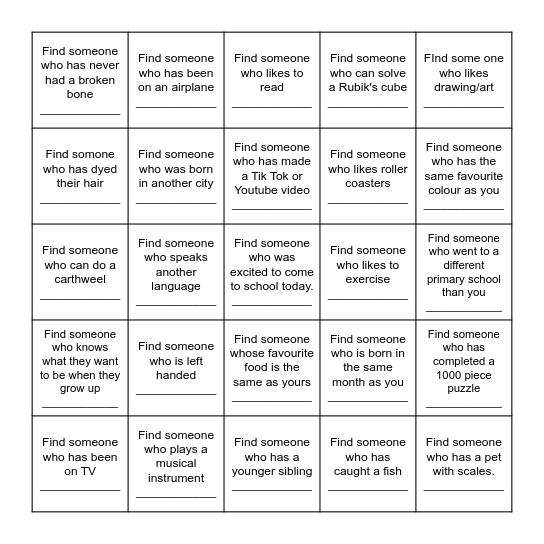 Find a Friend Bingo Card Bingo Card