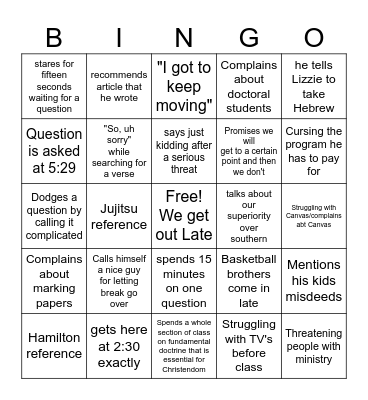 It's Class Time Bingo Card