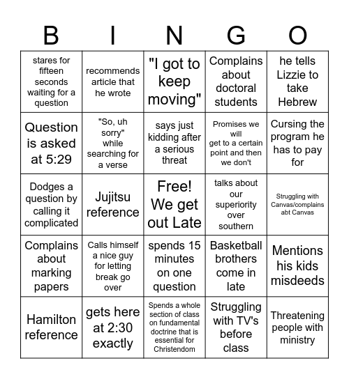 It's Class Time Bingo Card
