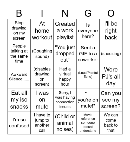 Work From Home Bingo Card