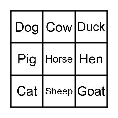 Farm Animals Bingo Card