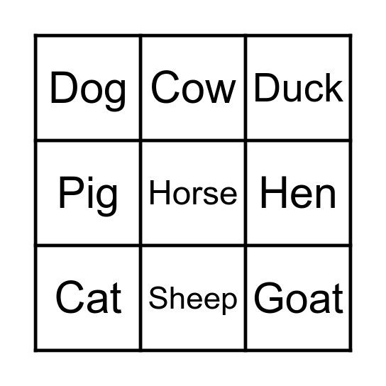 Farm Animals Bingo Card