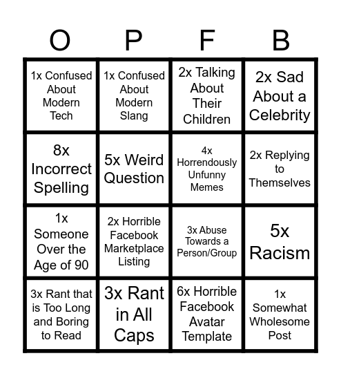 r/oldpeoplefacebook Bingo Card