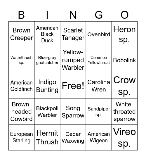 Birding Club Bingo Card