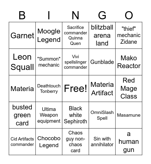 Final Fantasy Set Bingo Card