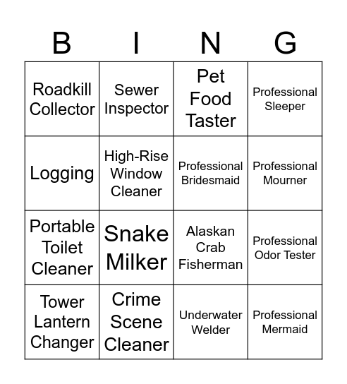 Worst Jobs Bingo Card