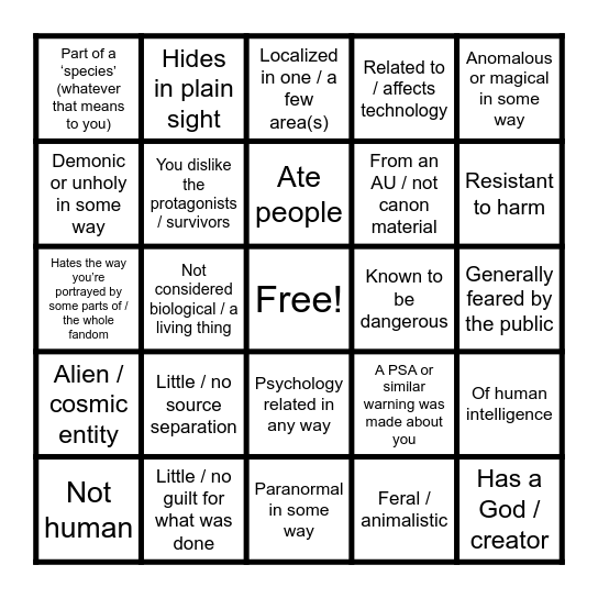Horror Antagonist Fictionfolk Bingo Card