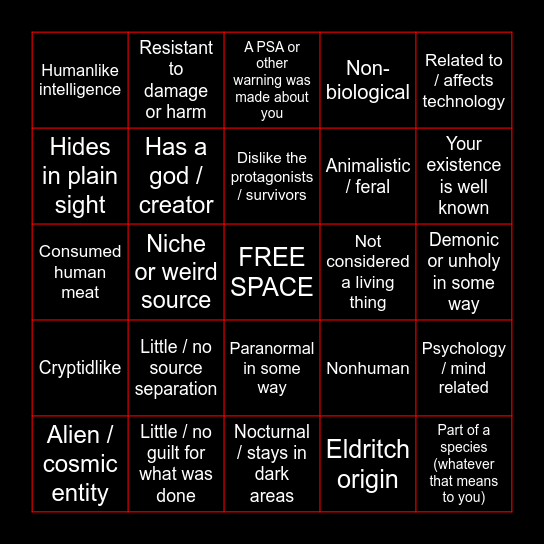 Horror Antagonist Fictionfolk Bingo Card