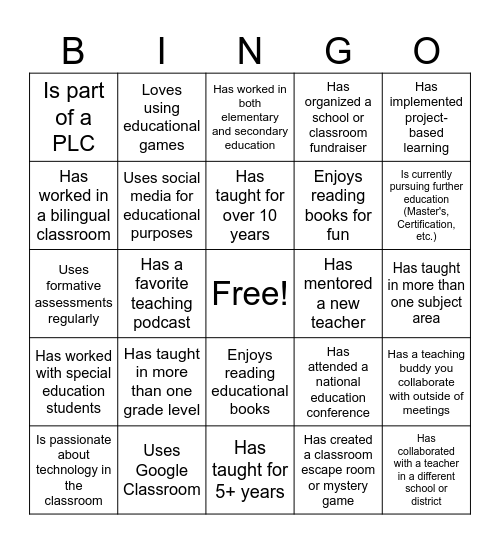 PLC Kickoff BINGO Card