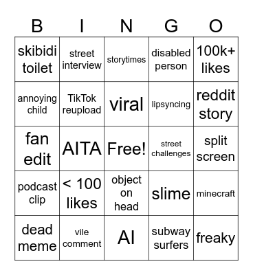 YouTube shorts bingo Card