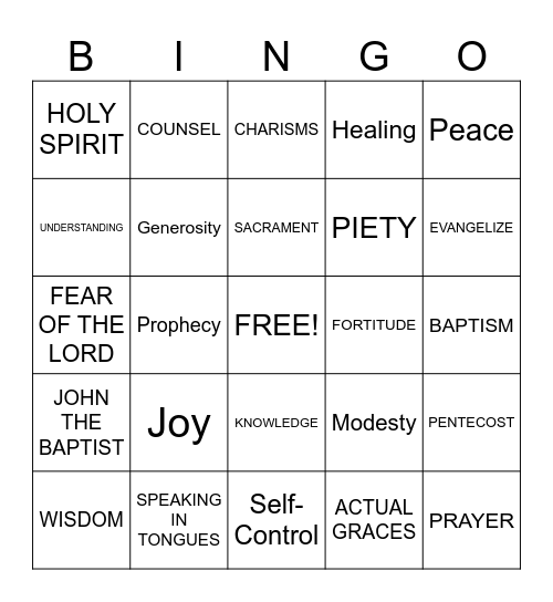 Gifts, Fruits, and Charisms of Holy Spirit Bingo Card