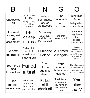 Nursing School Bingo Card
