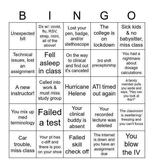 Nursing School Bingo Card