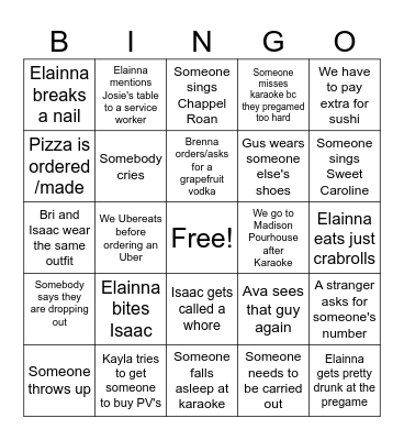 Elainna's Bday Party Bingo Card