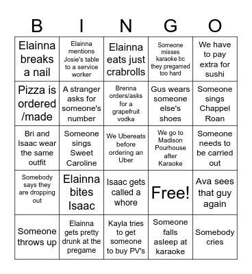 Elainna's Bday Party Bingo Card