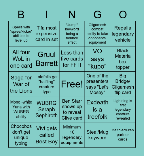 FF Set Bingo Card