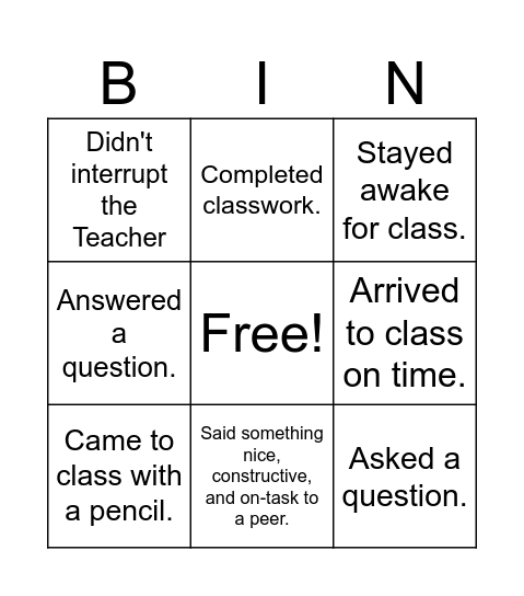 Classroom Behaviors Bingo Card