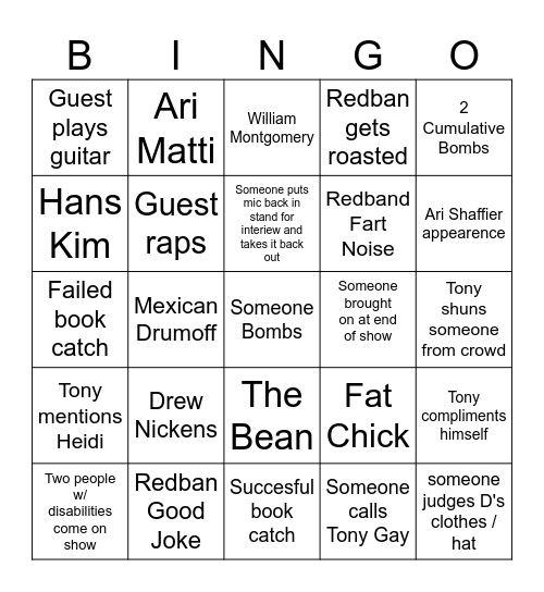 Kill Tony Bingo Card