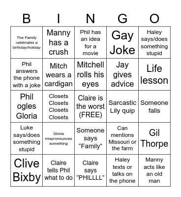 Modern Family Bingo Card