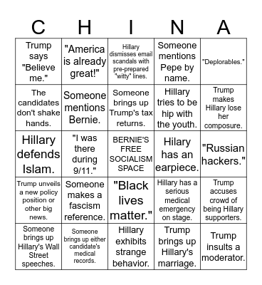 2016 Presidential Debate Bingo Card