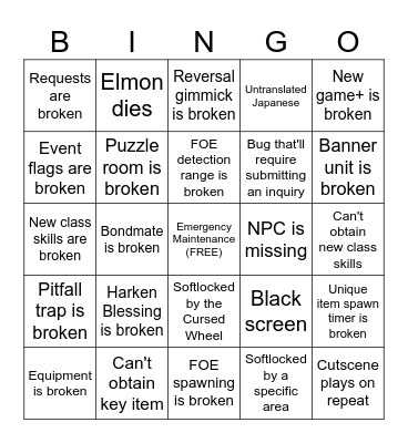 Wizardry Variants Daphne 3rd Abyss Bingo Card