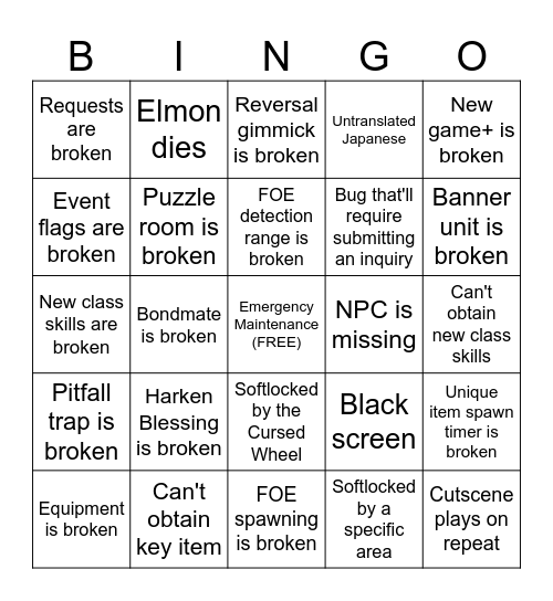 Wizardry Variants Daphne 3rd Abyss Bingo Card