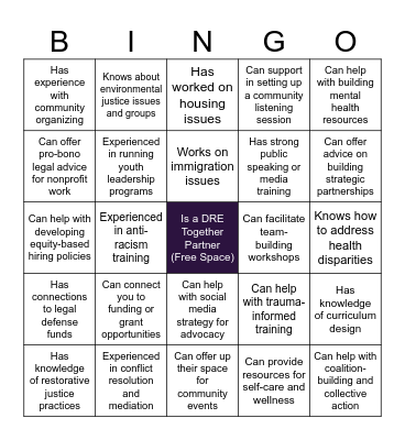 DRE Together Partners Human Bingo Card