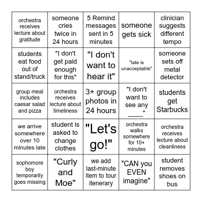 Orchestra Trip Bingo Card