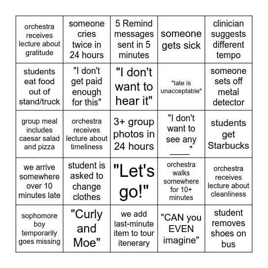 Orchestra Trip Bingo Card