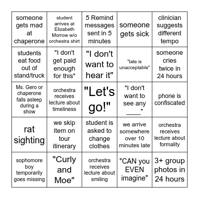 Orchestra Trip Bingo Card