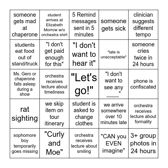 Orchestra Trip Bingo Card