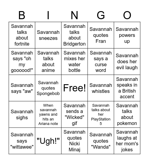 Savannah Bingo Card