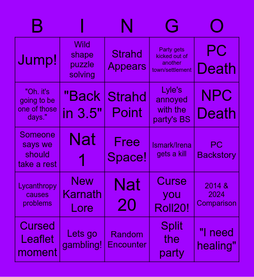 Curse of Karnath Bingo Card