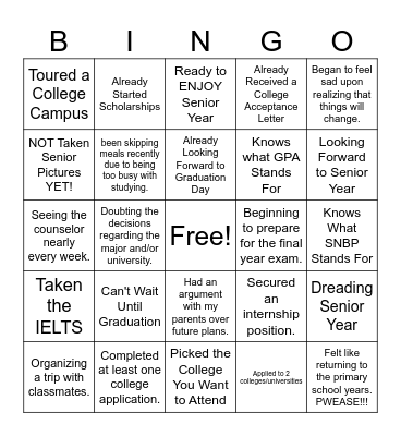 Senior Year Bingo Card